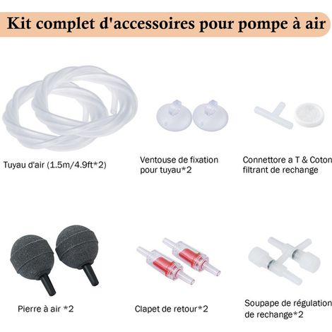 Kit d'accessoires complet pour pompe à air d'aquarium tuyau d'air clapet de retour pierre à air ventouse et vanne de régulation de débit (1/5)
