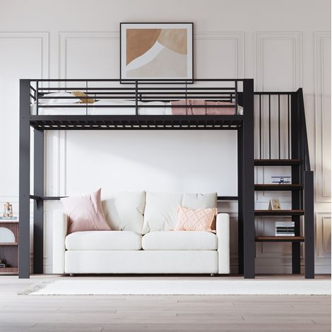 DESVIAE Lit mezzanine 90 x 200 avec escalier rangement sous le lit structure en métal et bois noir (1/5)