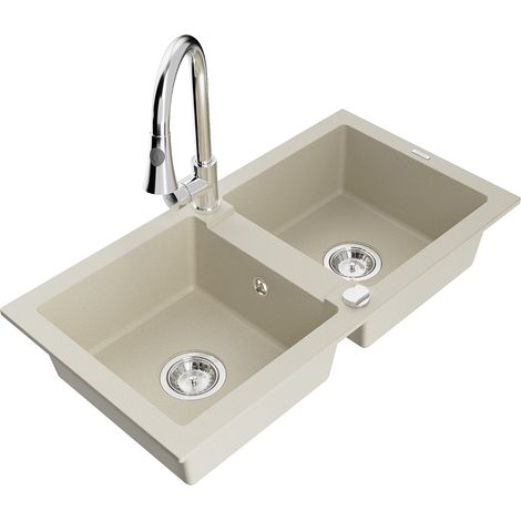 Mexen Mario granitspüle mit 2 Becken und Küchenarmatur Elia, beige - 6504-69-670101-00 (1/5)