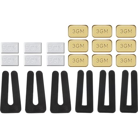 Kit d'Équilibrage de Pales de Ventilateur de Plafond, 6 Ensembles Comprenant 6Pcs Clips d'Équilibrage en Plastique et 6Pcs Poids de 5G et 9Pcs Poids de 3G, Ton Doré/Noir/Blanc (1/5)