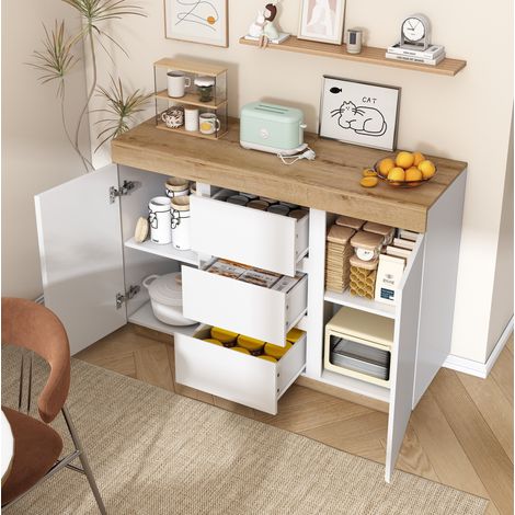 Cómoda de 3 cajones y 2 puertas en tablero de partículas E1 blanco y roble HAVRYA (1/5)