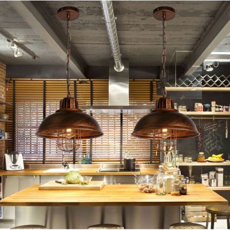 Lot de 2 Rétro Vintage Lustre Suspension Industrielle E27 33cm Plafonnier Abat-jour en Métal Luminaire Bronze (1/5)