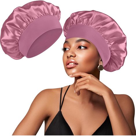 Satin-Nachthaube – 1 Stück – Bohnenrosa – Verstellbar und rutschfest – Für lockiges Haar und Haarpflege – 30 cm (1/5)