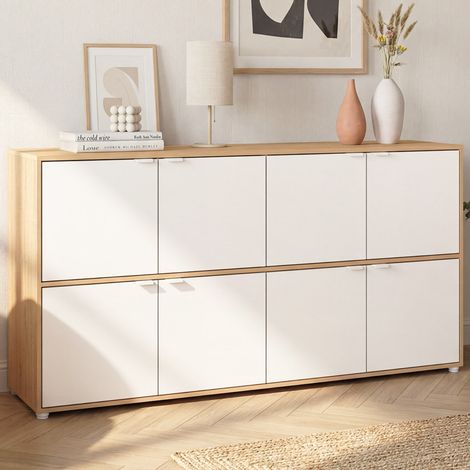 Aparador CASSIE 139 cm 8 puertas blanco y madera