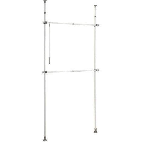 Portant vêtement téléscopique Dressing sur Mesure Herkules Basic , Garde Robe 2 tringles 1 crochet Solution sans perçage, réglable Longueur Hauteur, Acier, 75-120x165-300x11cm,Blanc (1/5)