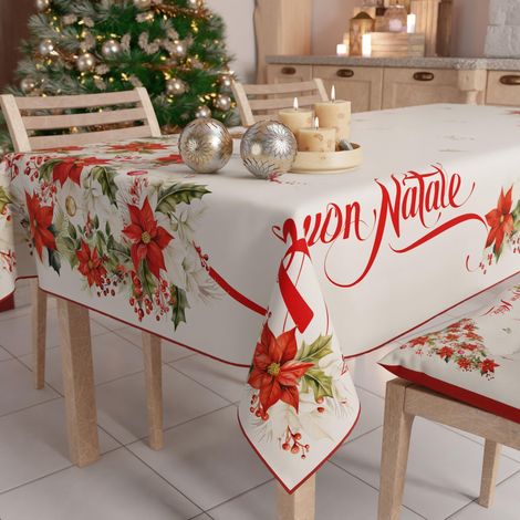 Nappe de Noël Anti-Taches Rectangulaire Couvre-Table pour Cuisine, Motif Joyeux Noël X12 Places (140 x 240 cm) 100% fabriquée en Italie (1/5)