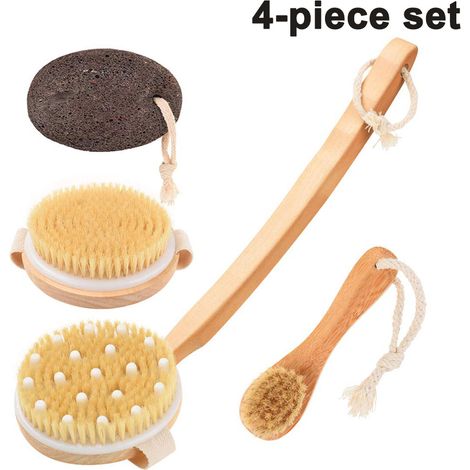 Ensemble de 4 pièces comprenant une brosse pour le dos, une brosse de bain, une brosse de massage et une brosse pour le corps. Coffret cadeau bien-être avec brosse en pierre ponce, poils naturels et m (1/5)