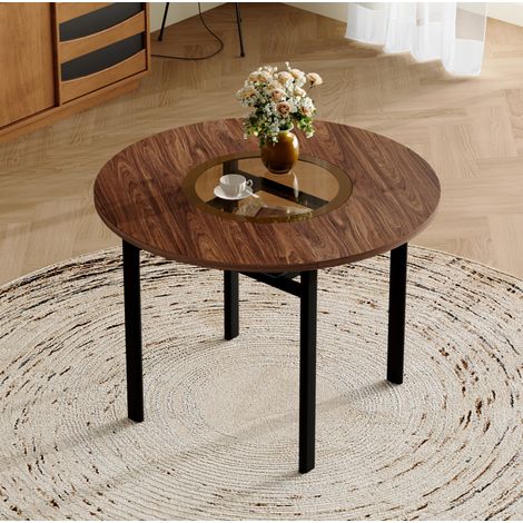 Table à manger ronde 100 cm, plateau MDF effet bois brun, verre intégré, pour 2 à 4 personnes HAVRYA (1/5)