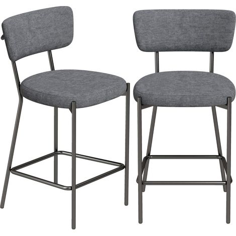 Lot de 2 tabourets de bar rembourrés avec dossier incurvé. Idéaux pour îlot de cuisine et espace petit-déjeuner, couleur grise