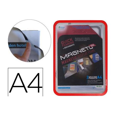 Marco porta anuncios tarifold magneto din a4 con 4 bandas magneticas en el dorso color rojo pack de 2 unidades
