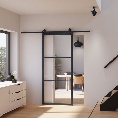Schulte – Porte coulissante intérieure en verre 880 x 2035 mm – Verre de sécurité 6 mm – Rail en aluminium inoxydable – Décor Loftstyle noir