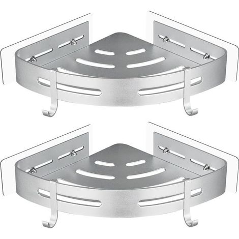 Corner metal shower shelf, no drilling required, 2 pieces, with 2 shower hooks, rustproof self-adhesive holder for bathroom supplies (silver) (1/4)