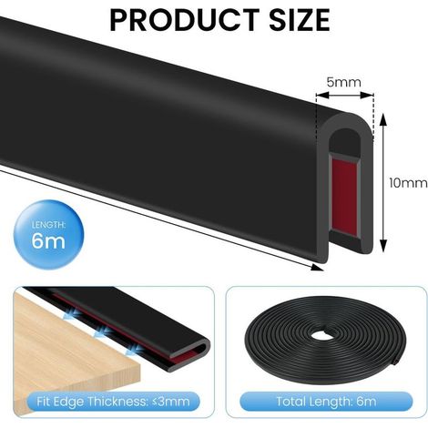 6 m Autotürschutz, 10 mm x 5 mm selbstklebende U-förmige Gummidichtung, Kantenschutz für Bleche, für Metallplatten, Autotüren, Tischkanten (Schwarz) (1/5)