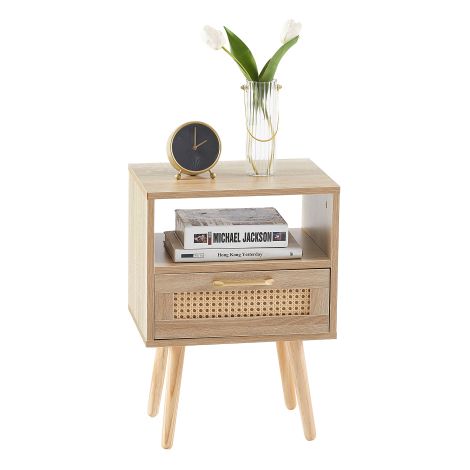 Table d'appoint avec tiroir en rotin (Pieds en bois massif) — Table de chevet style moderne / Table d'appoint polyvalente pour salon et chambre — Finition bois naturel