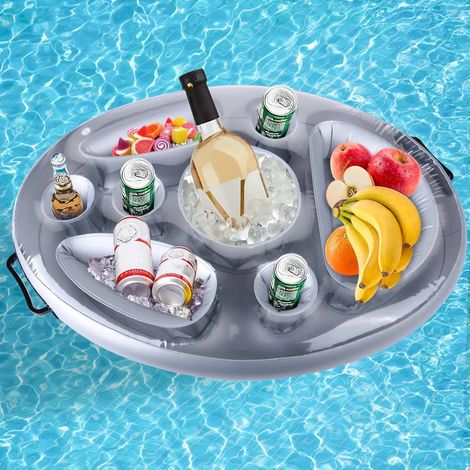 Porte-boissons gonflable flottant, bar, plateau pour jus, bières, salades de fruits et buffets, grande capacité, idéal pour les fêtes d'été en extérieur, piscine, plage ou pool party. (1/5)