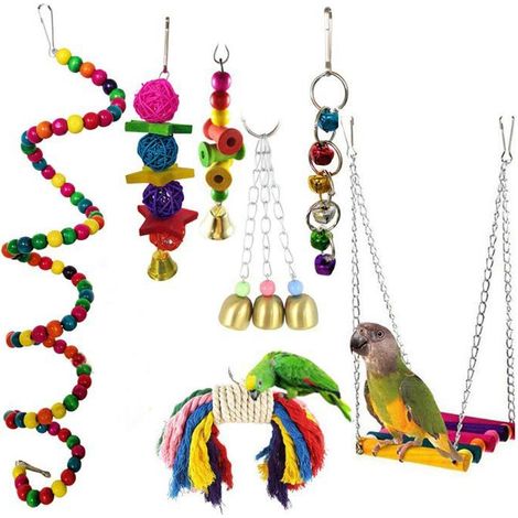 Lot de 7 jouets suspendus pour perroquets, clochettes, balançoire, jouets à suspendre pour petits perroquets, aras et perruches. (1/3)