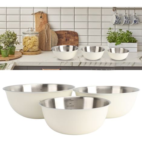 Ensemble de 3 bols de cuisine japonais en acier inoxydable 304 avec graduations, idéal pour la salade, la pâtisserie, le pétrissage et battre les œufs (blanc cassé). Emballage en boîte couleur. (1/5)