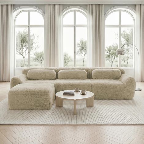 Canapé d’angle modulable , forme l, tissu peluche doux, sans montage, coussins inclus, kaki clair (1/5)