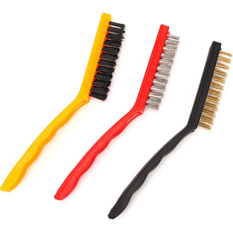 Jeu de 3 Brosses à Fil Métallique pour Nettoyer Soudure Rouille - Poignée Ergonomique Curvée 23cm Polypropylène Nylon Inox Cuivre (1/5)