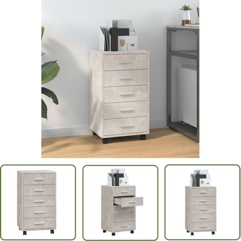 The Living Store Armoire à tiroirs avec roulettes Gris béton Bois d'ingénierie - Meuble À Tiroir - Commode - Armoire De Rangement - Rangement Bureau - Bureau Enfant (1/5)