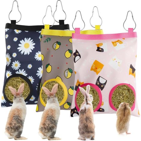 3 x Rabbit Hay Bag, Hay Bag Hanging Animal Storage Stands with 2 Holes Hay Bag Hay Feeder for Rabbit Food Bags for Chinchilla, Guinea Pig and Taupe (Small) (1/5)
