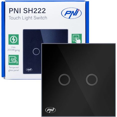 Interrupteur tactile double PNI SH222 - Verre noir - 10 A - 2 x 200 W - Indicateur LED