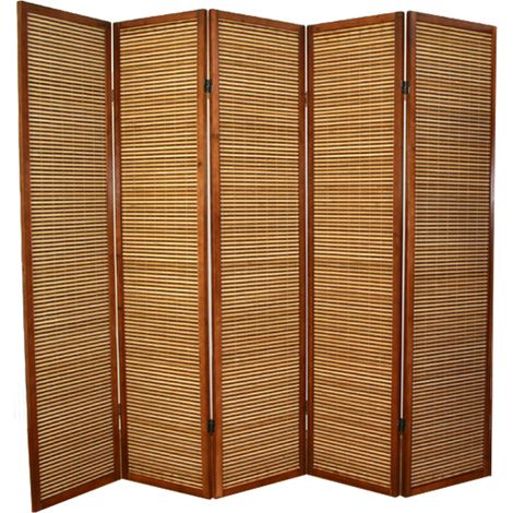 Pegane – Paravent en bois verni et bambou bicolore – 5 panneaux – Charnières double sens – Pour espaces intérieurs et extérieurs
