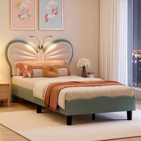 Lit Enfant Rembourré 90 x 200 cm, Lit Simple, Lit Princesse avec Éclairage LED de Lecture, Tête de Lit Papillon Réglable, Velours Blanc & Rose (1/5)