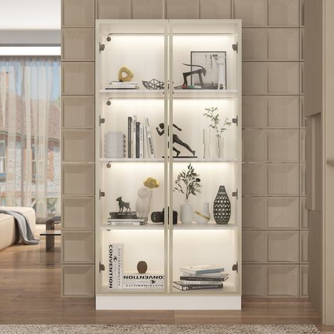 Glasvitrine,Vitrinenschrank,Wohnzimmervitrine mit LED-Lichtern in Kaltweiß,Warmweiß und Neutralweiß,mit Vier Regalen,Aluminiumrahmen,Glastür,MDF,80x40x160 cm,Weiß (1/5)