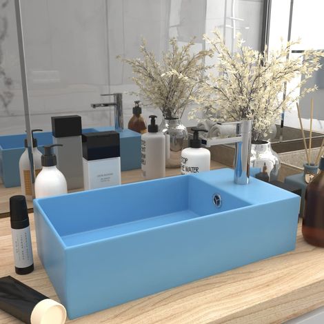 Lavabo de salle de bain avec trop-plein, en céramique, bleu clair