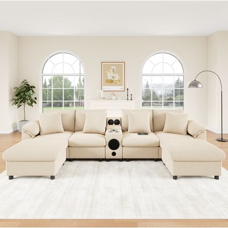 Canapé modulaire U/L en corduroy beige avec enceinte Bluetooth, console et rangement (1/5)