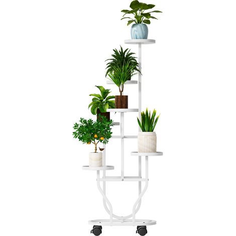 FLASIDU Étagère à 6 niveaux, support de rangement multifonctionnel, conception ouverte, 4 roues pivotantes, Plateau rond anti-basculement, 42×23×119cm, Blanc (1/3)