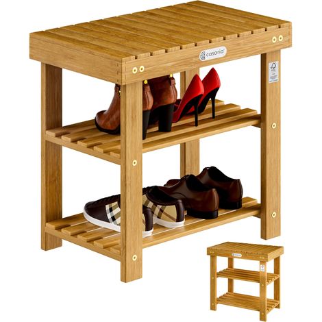 Casaria – Meuble à chaussures et banc en bois d'acacia certifié FSC® – 50x30x46cm – Capacité 160kg – 2 tablettes de rangement