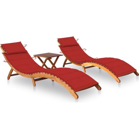 INLIFE Chaises longues 2 pcs avec table et coussins Acacia solide (1/5)
