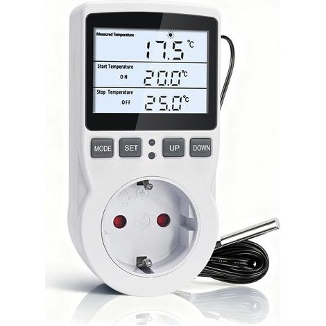 Thermostatstecker mit 3-Meter-Sonde, 220 V, digitaler Temperaturregler mit LCD-Hintergrundbeleuchtung, Temperaturregler für Inkubator, Kühlschrank, Gewächshaus (1/5)