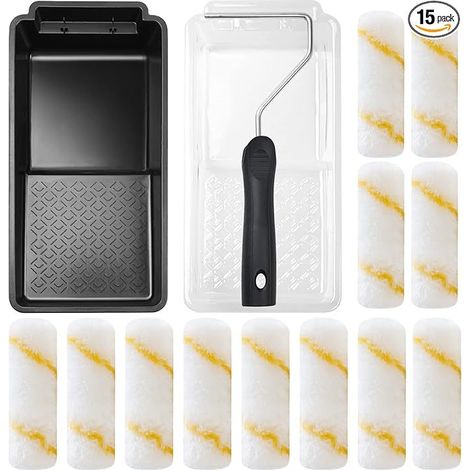 Juego de 15 rodillos de pintura de espuma de 4 pulgadas, kit de rodillos de pintura pequeños, 1 bandeja de pintura de plástico negra, 1 bolsa protectora transparente, 1 soporte para rodillos y 12 cubi