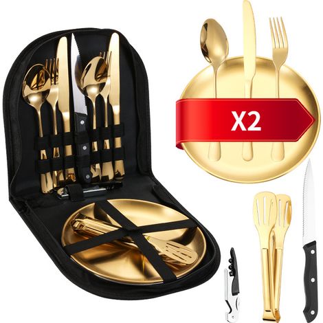 11-teiliges goldenes Besteckset, inklusive Steakmesser goldenes Besteckset für 2 Personen Besteckset aus lebensmittelechtem Edelstahl hochglanzpoliertes Besteckset geeignet für den privaten und gewerb (1/5)