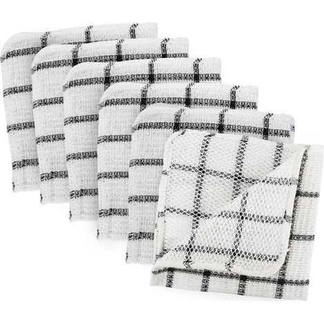 100% Coton, Lavable en Machine, au Quotidien de Cuisine Basic à récurer Dish Cloths, 30,5 x 30,5 cm Noir et Blanc Plaid-Set de 6, Coton, Noir, 12-inch by 12-inch (1/5)