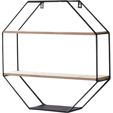 TRADE SHOP - Mensola Da Parete Ottagonale In Ferro Legno Sospesa Con 2 Ripiani Design Industriale -