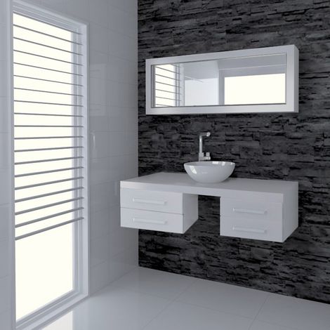 Ensemble de meubles de salle de bain suspendu 120 cm blanc – Meuble sous vasque 4 tiroirs – Miroir cadre horizontal – Bois – Cedam (1/2)