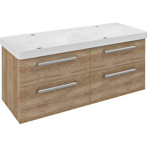 Meuble sous lavabo double vasque THEIA 116x50x44,2cm, 4 tiroirs, chêne Alabama (1/2)