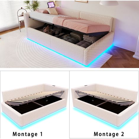 Polsterbett 90x200 cm mit Stauraum und LED-Beleuchtung, L-förmige Rückenlehne, USB & Typ-C Anschlüsse, hydraulisches Bettgestell aus Samt, Beige (1/5)