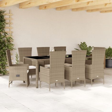 9-tlg. Garten-Essgruppe mit Kissen Beige Poly Rattan vidaXL