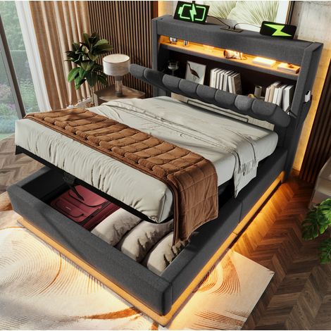 Cama 90x200 cm gris tapizada en lino, con almacenaje hidráulico y colchón (1/5)
