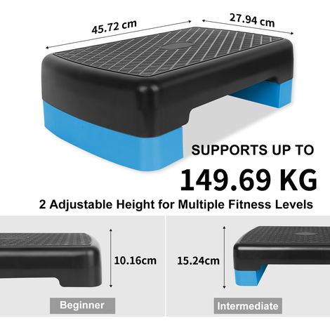 Plateforme de fitness d’aérobic de 45,72 cm, hauteur réglable : 10,16 cm – 15,24 cm, rangement pratique, bleu (1/4)