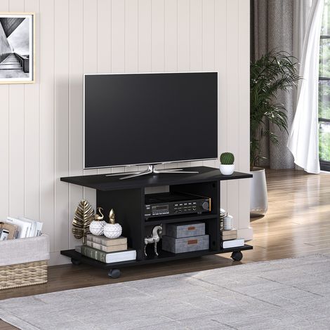 Meuble TV bois sur roulettes avec étagères, télé jusqu’à 42 pouces, style contemporain, 80×40×40 cm, noir, salon chambre bureau