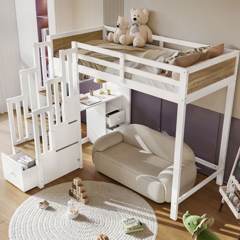Lit mezzanine enfant 90x200 cm en bois blanc naturel, bureau, gain de place, sans matelas – MEUBLIV (1/5)
