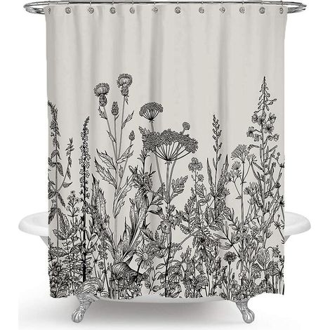 Wasserdichter Duschvorhang mit schwarz-weißem Blumenmuster – 180 x 200 cm (1/5)