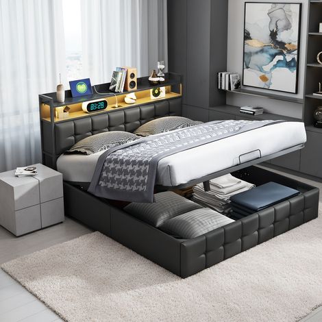 Polsterbett Doppelbett 140 x 190 cm Hydraulisches Bett mit LED-Beleuchtung und USB, modern Jugendbett mit Stauraum, Bettgestell mit Kopfteil und Lattenrost, PU Schwarz, Ohne Matratze
