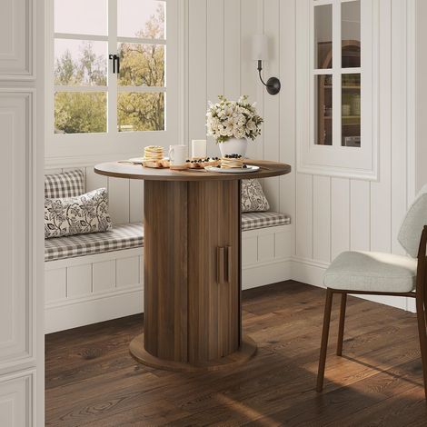 Table à Manger Ronde 80 cm avec Rangement Caché Coulissant, Table de Cuisine Gain de Place pour 2-4 Personnes, Noyer (1/5)